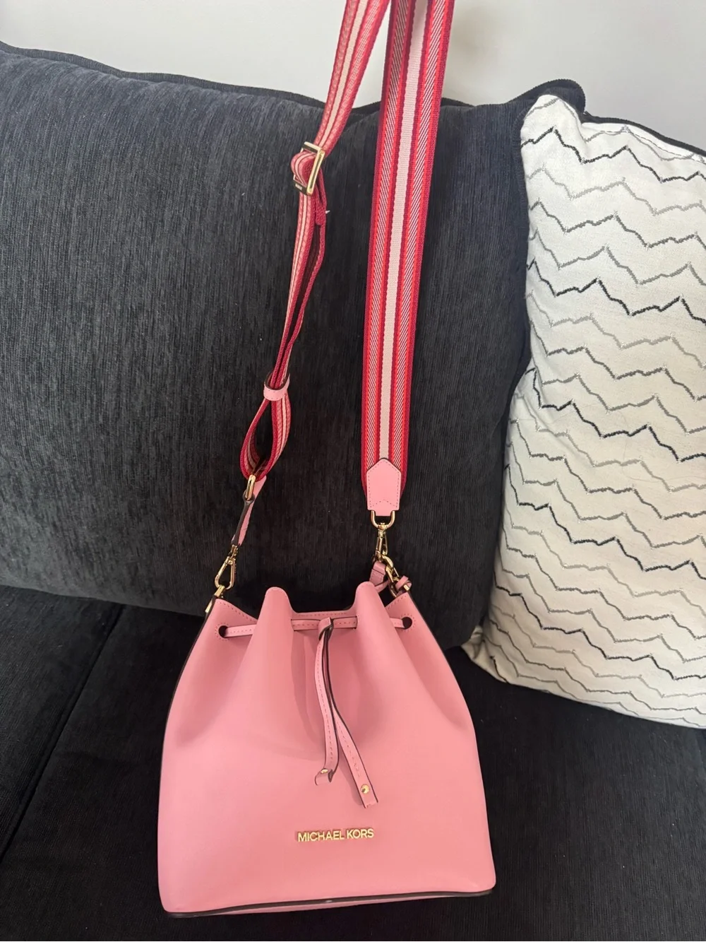 Michael Kors Pink Leather Drawstring Bucket Crossbody